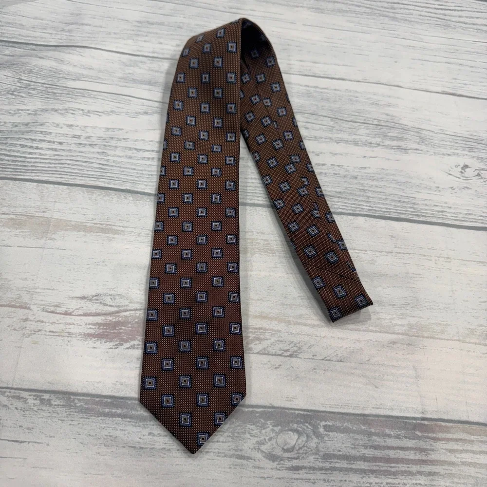 JZ Richards Neck Tie Extra Long‎ Silk Brown Squares Made in USA Mens